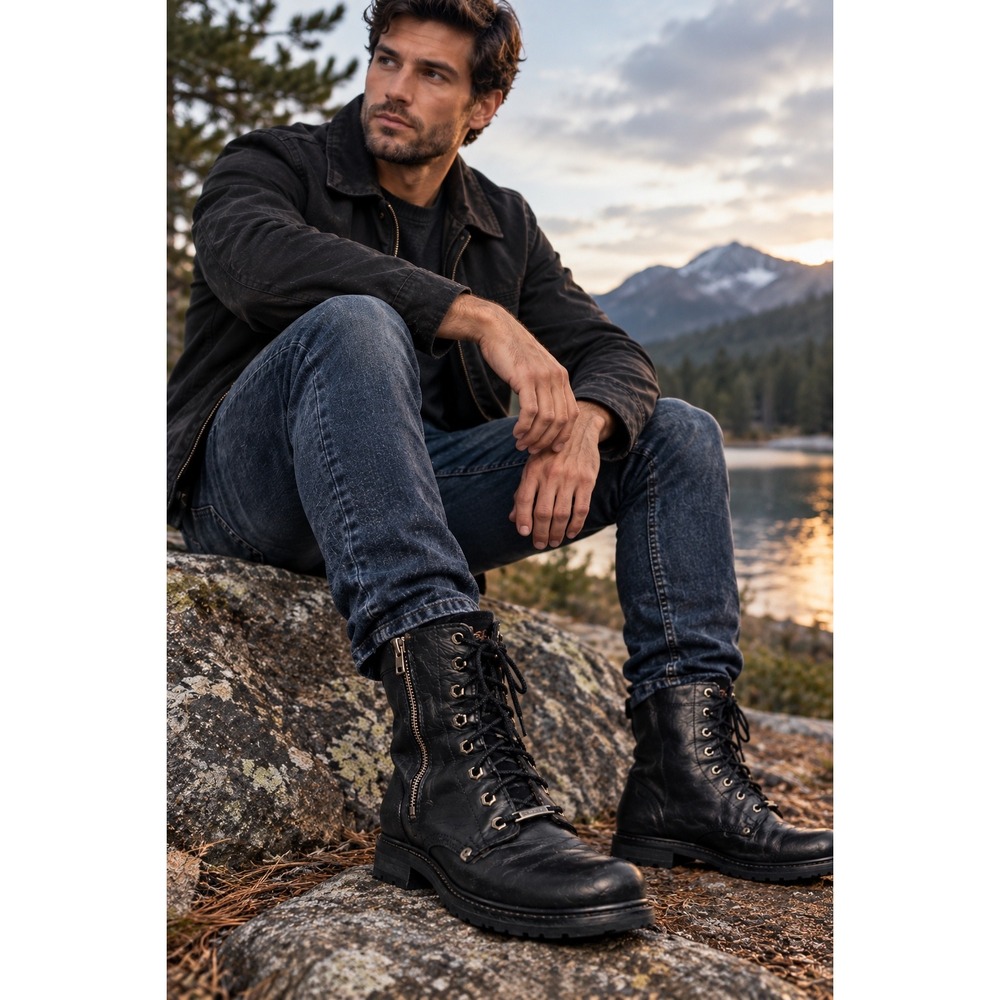Harley-Davidson Mens 9 91023 Black Leather Side Zip Biker Combat Boots Moto Read